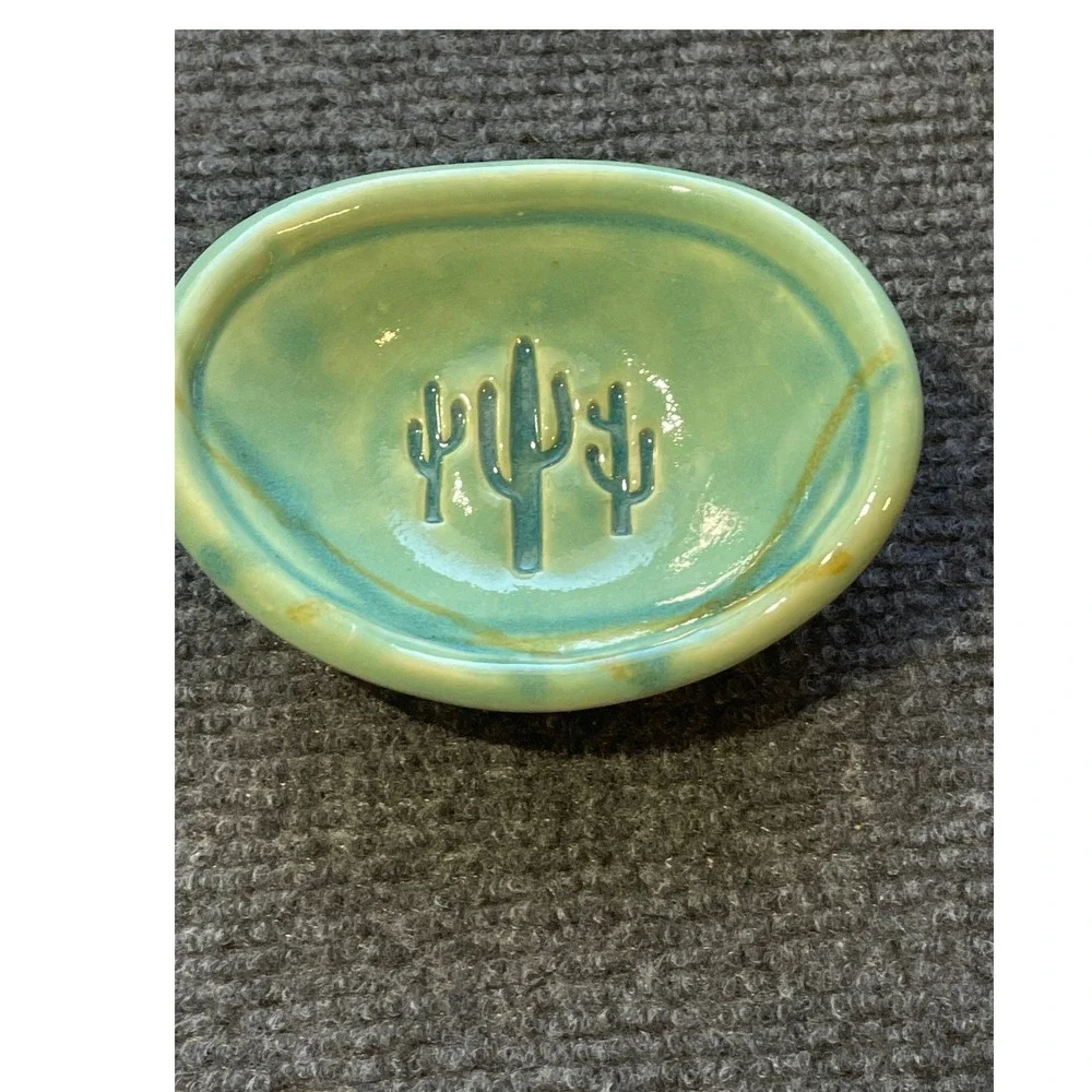 Pretty Bird Pottery Turquoise Ceramic Cactus Trinket Dish Saguaro Ring Bowl USA